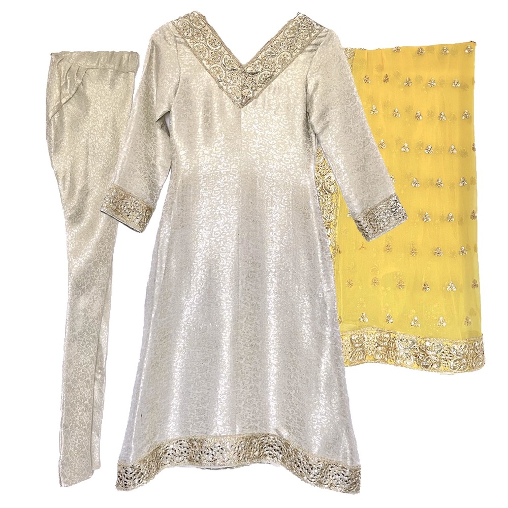 3 Piece Yellow Chiffon with Gold Border and Churidar Pants